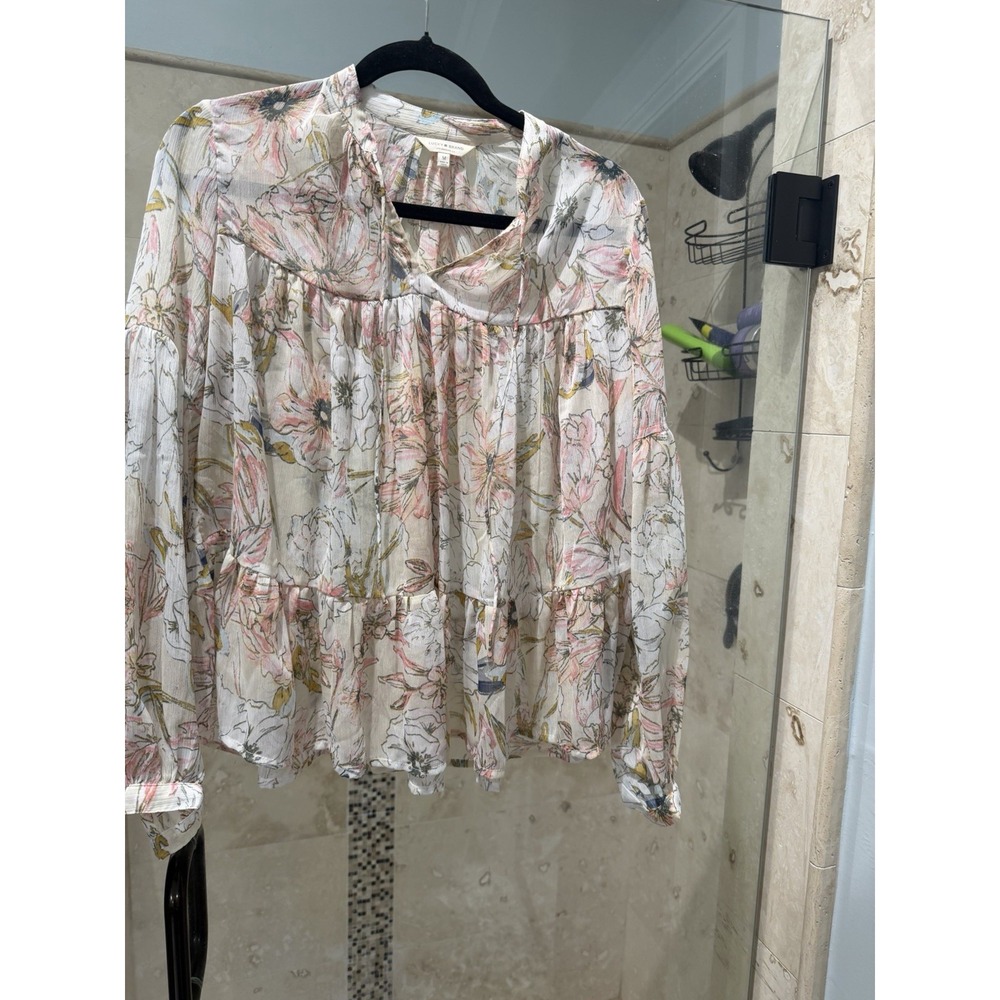 Lucky Brand Womens Floral Flowy Top Blouse Medium Sheer Babydoll Pink